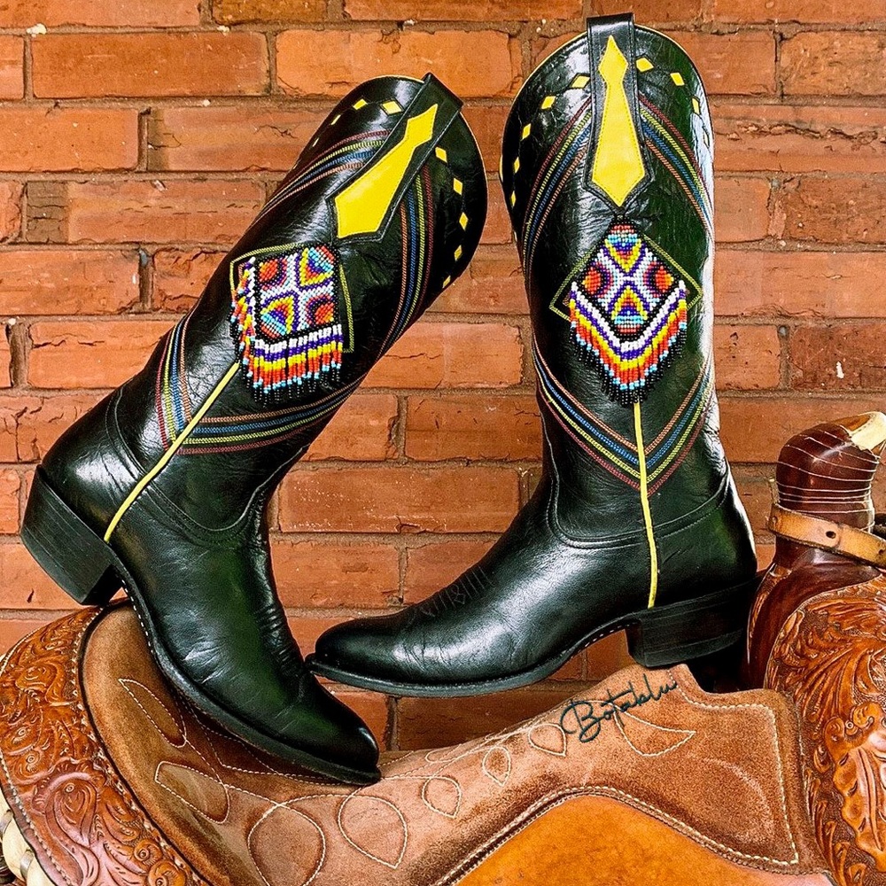 Larry Mahan Rare Vintage Aztec Beaded Fringe Black Leather Cowboy Western Boots - Picture 2 of 10